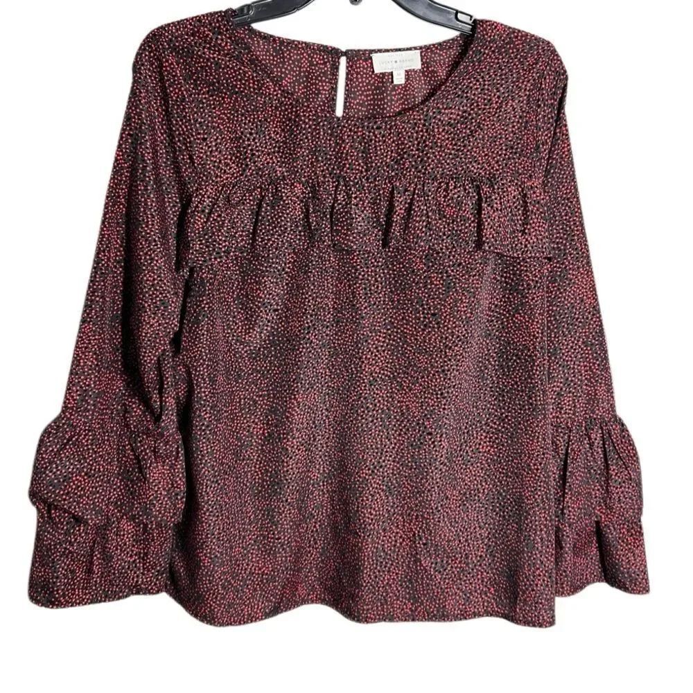 Lucky Brand Ruffle blouse long bell/flared sleeves Black Red Polka Dots Medium